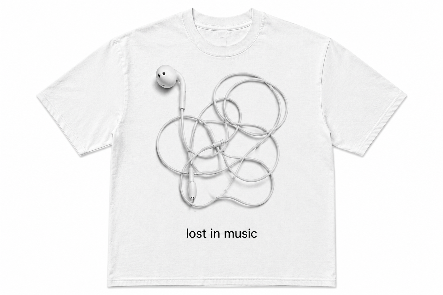 White Lost in Music oversized graphic T-shirt with tangled wired earphones front view