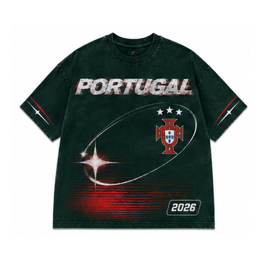 Portugal 2026 oversized vintage Y2K football graphic T-shirt on white background