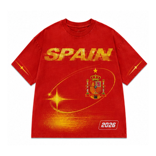 Spain 2026 oversized vintage Y2K football graphic T-shirt on white background