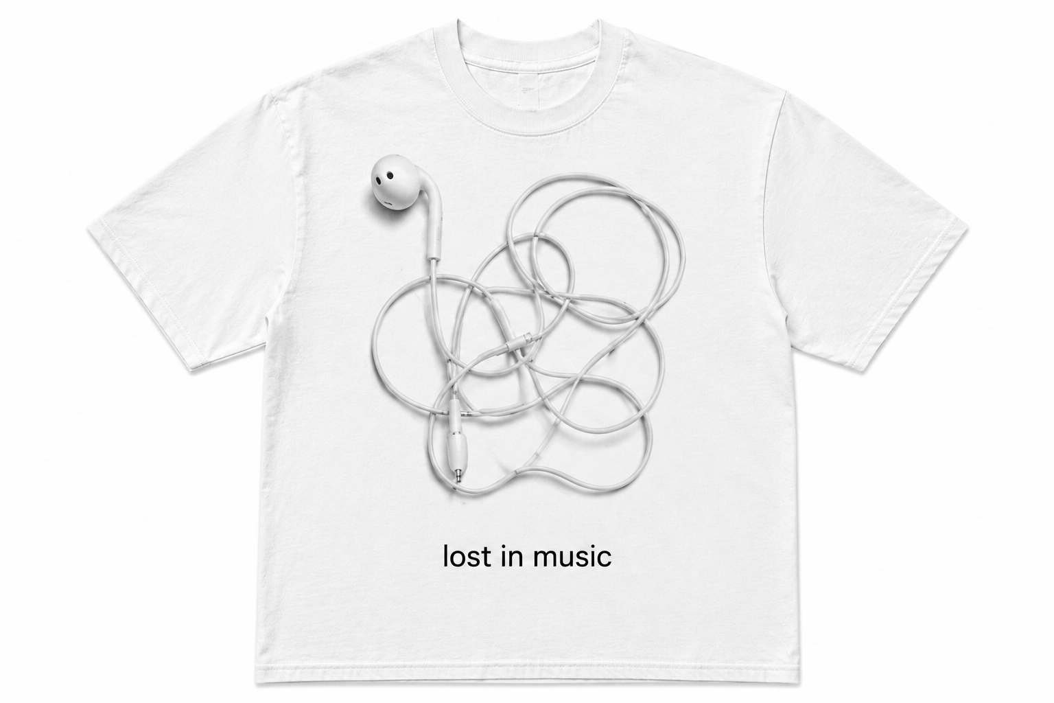 White Lost in Music oversized graphic T-shirt with tangled wired earphones front view