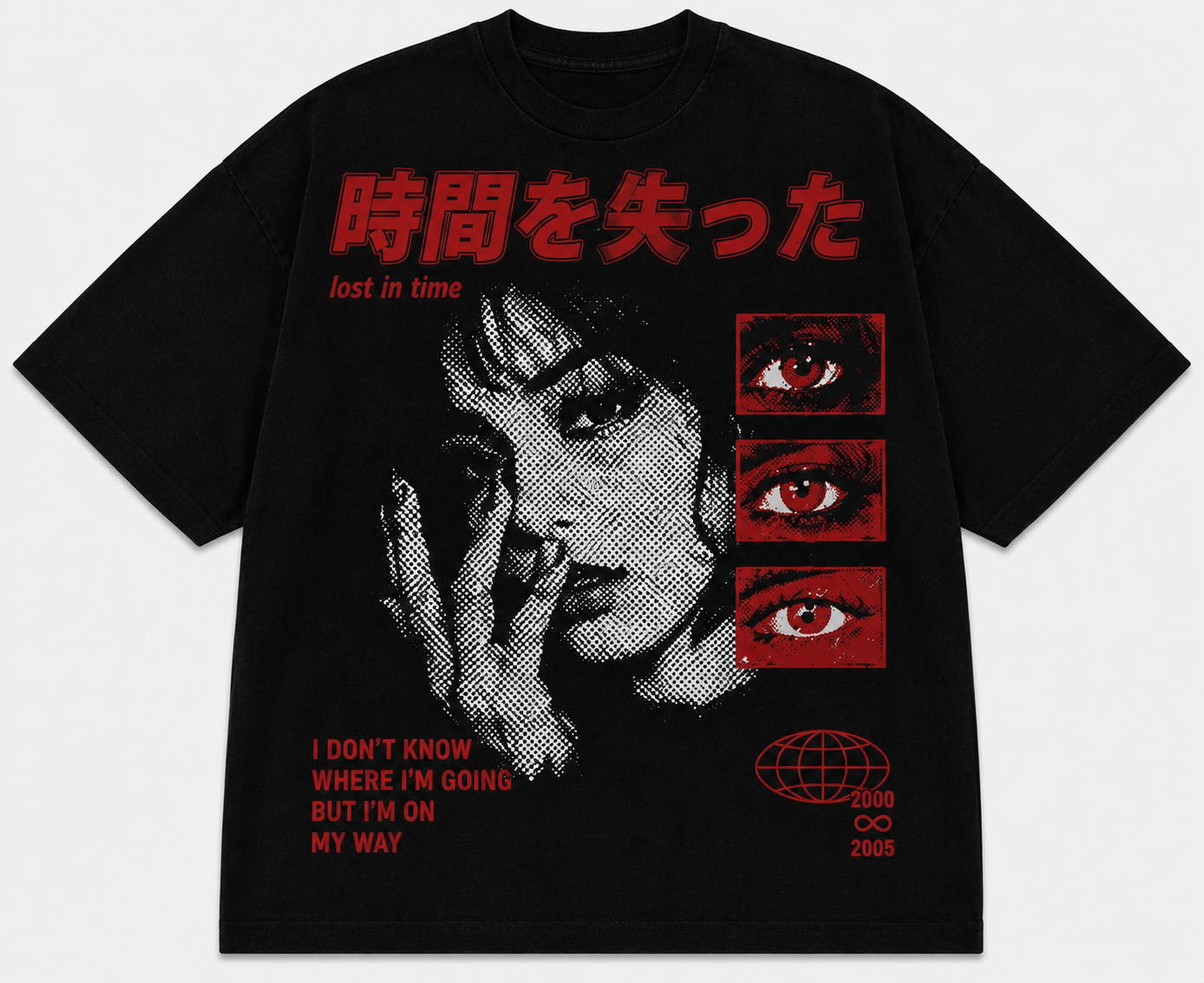 Lost in Time black oversized graphic T-shirt with halftone portrait and red eye panels front view