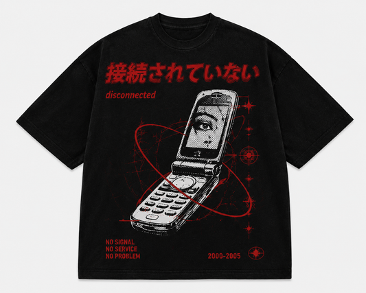 Disconnected black oversized graphic T-shirt with vintage flip phone graphic front view