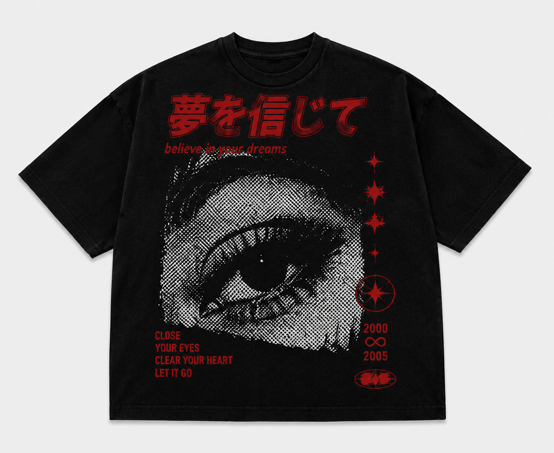 Believe in Your Dreams black oversized graphic T-shirt with halftone eye print front view