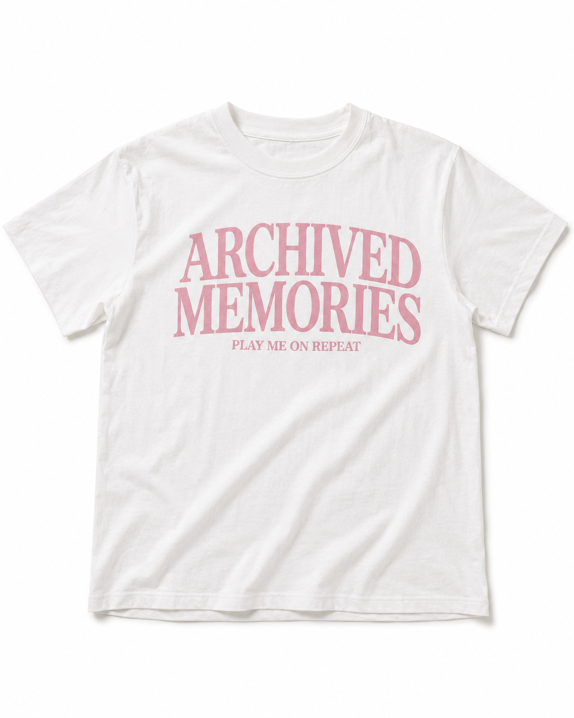 Archived Memories Play Me on Repeat oversized white and pink graphic T-shirt front view