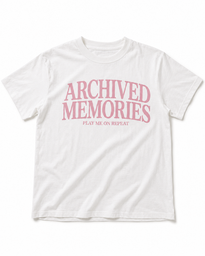 Archived Memories Play Me on Repeat oversized white and pink graphic T-shirt front view