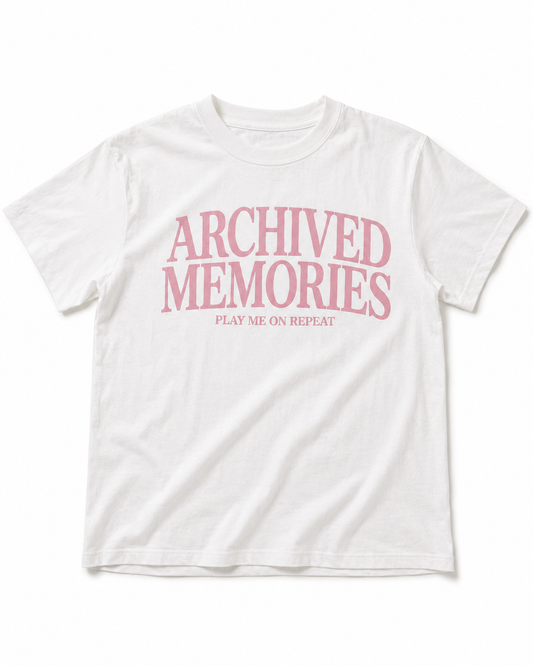 Archived Memories Play Me on Repeat oversized white and pink graphic T-shirt front view