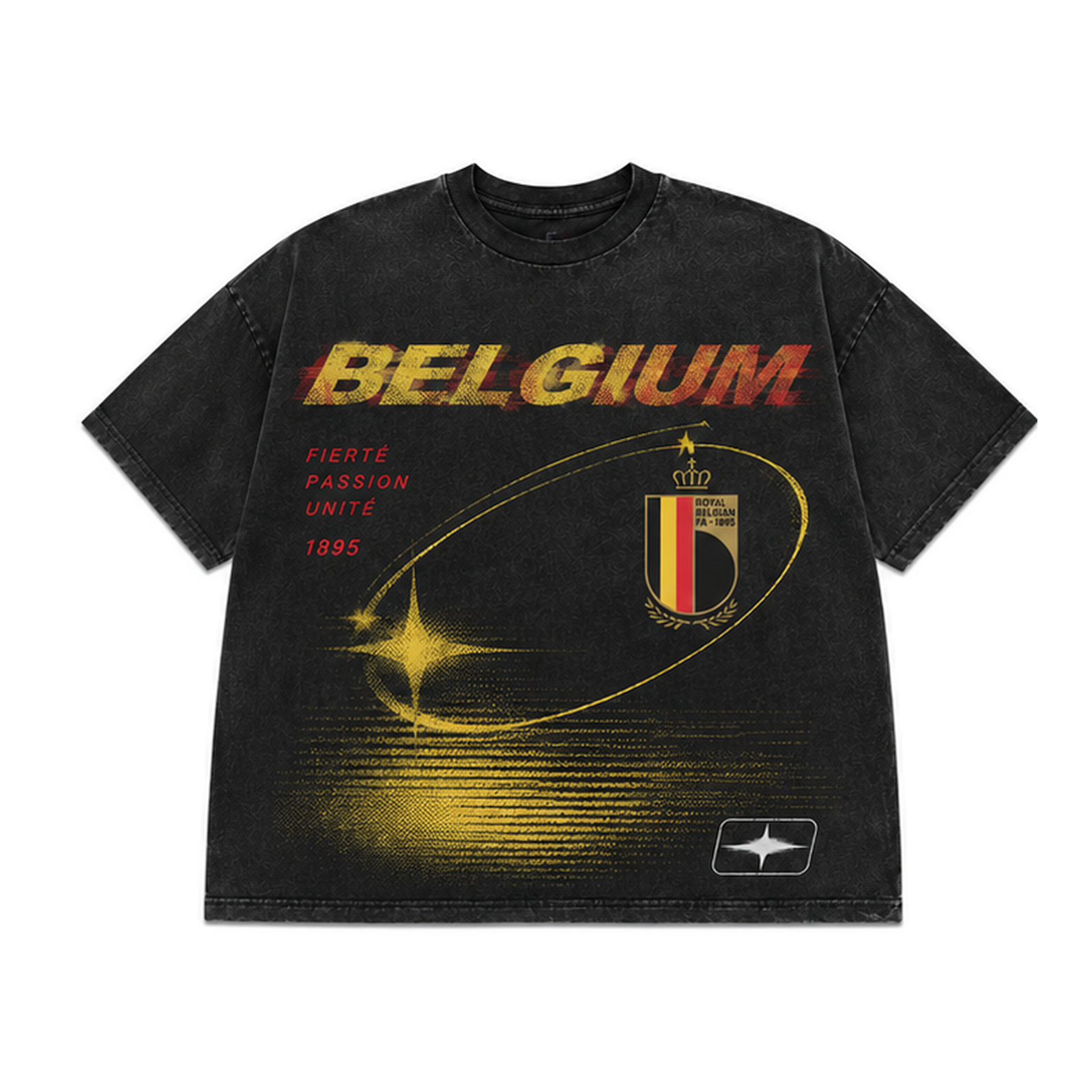Belgium 2026 oversized vintage Y2K football graphic T-shirt on white background