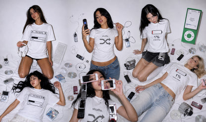 Archived Memories IPOD ERA Y2K campaign featuring models in retro-tech graphic T-shirts