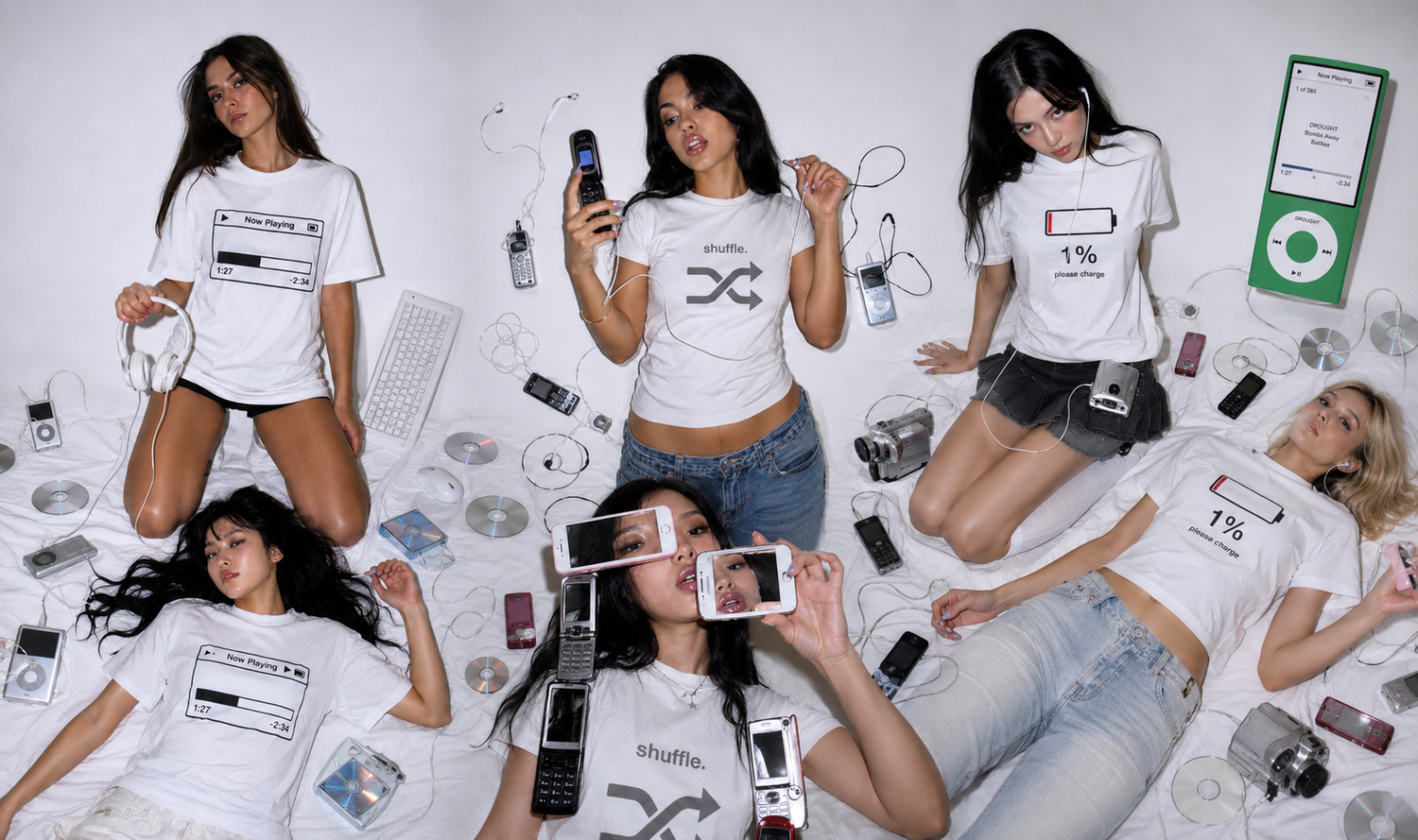 Archived Memories Y2K studio campaign with models, CDs and retro phones