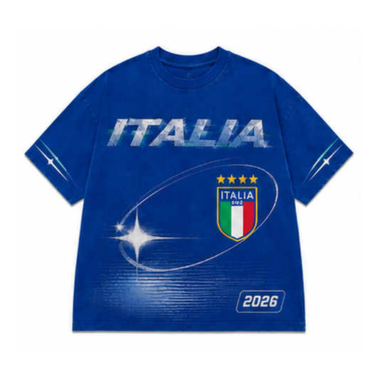 Italy 2026 oversized vintage Y2K football graphic T-shirt on white background
