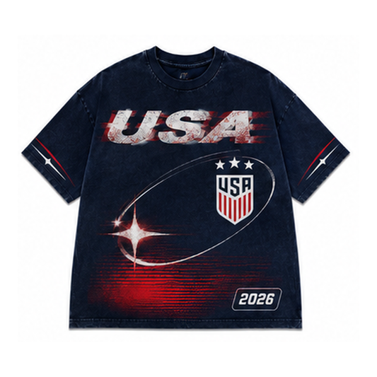 USA 2026 oversized vintage Y2K soccer graphic T-shirt on white background